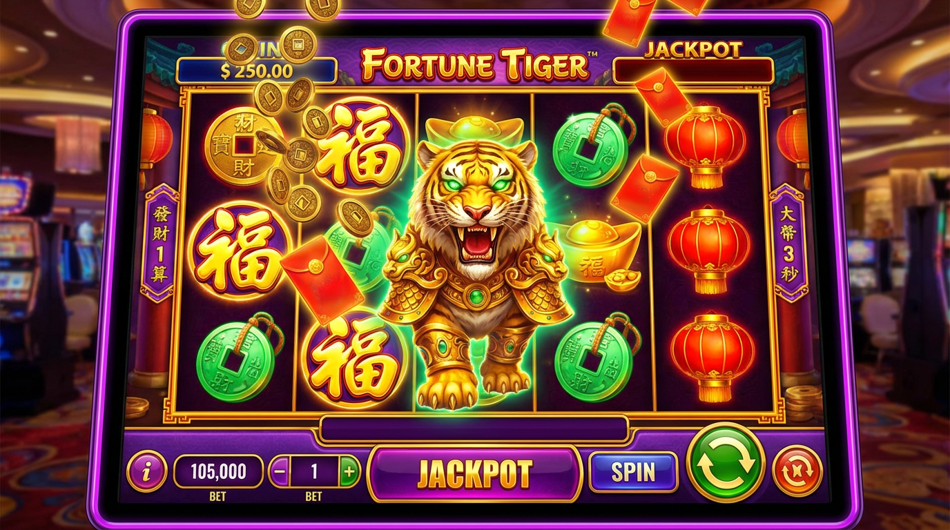 Fortune Tiger slot game com tigre dourado e símbolos de prosperidade